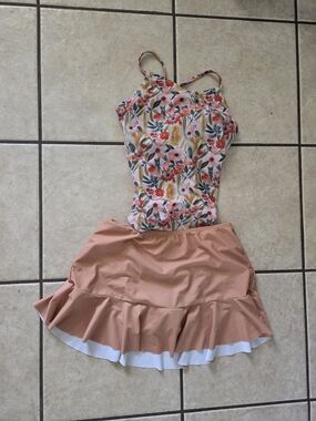 Floral Two-Piece Swimsuit with Mustard Skirt